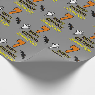 7th Birthday: Spooky Halloween Theme + Custom Name Wrapping Paper