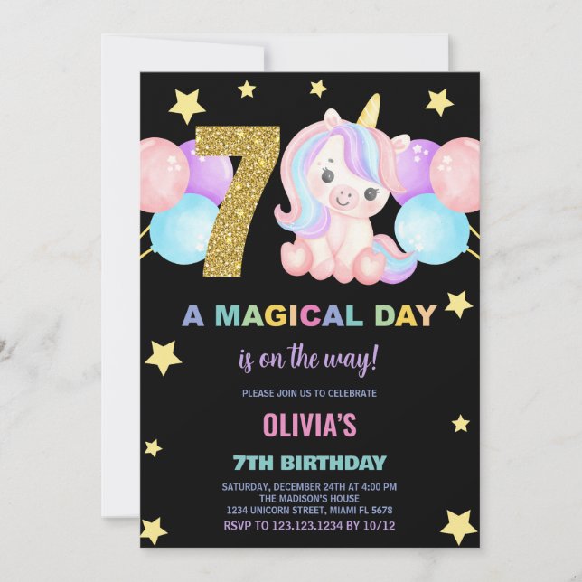 7th Birthday Unicorn Birthday Invitations (Front)