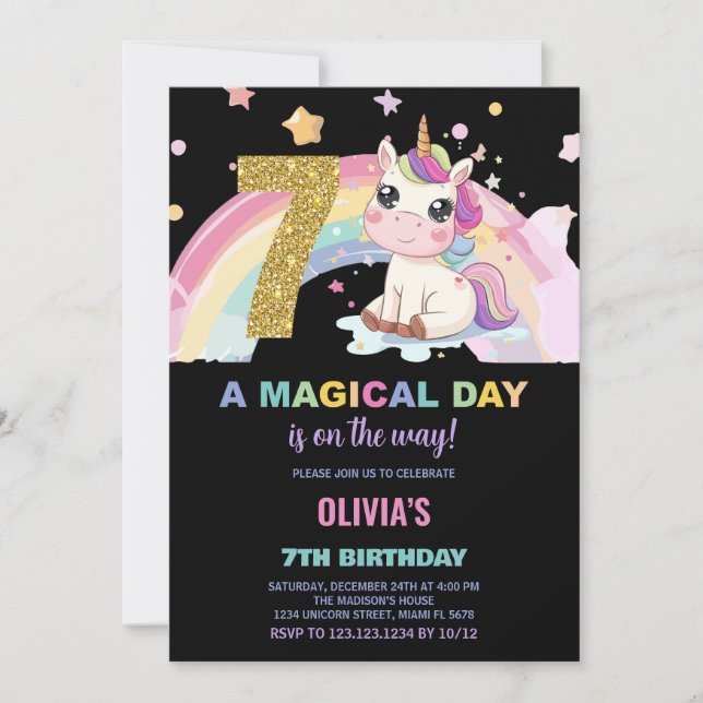 7th Birthday Unicorn Birthday Invitations (Front)