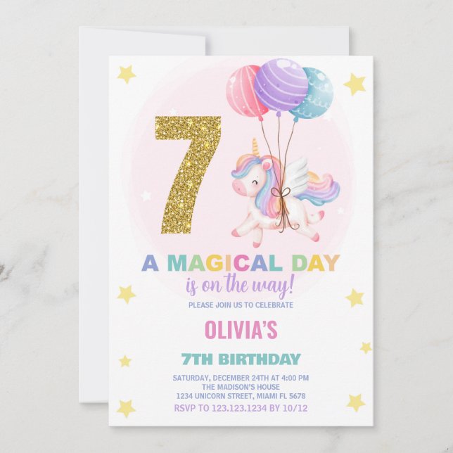 7th Birthday Unicorn Birthday Invitations (Front)