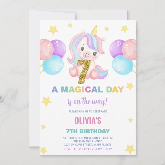 7th Birthday Unicorn Birthday Invitations (Front)