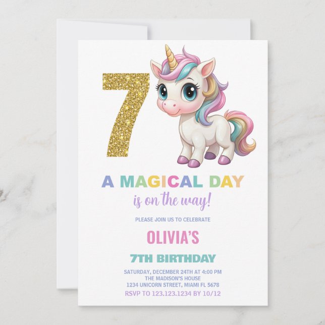 7th Birthday Unicorn Birthday Invitations (Front)