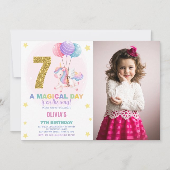 7th Birthday Unicorn Birthday Invitations photo (Front)