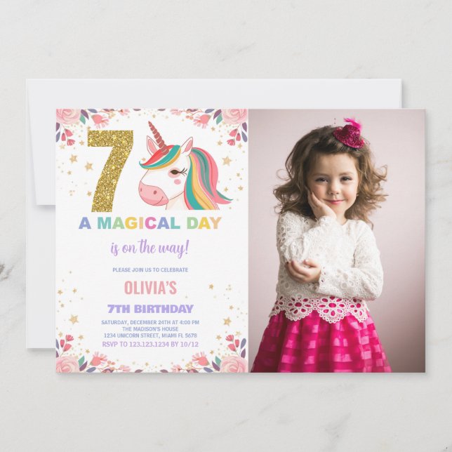 7th Birthday Unicorn Birthday Invitations photo (Front)