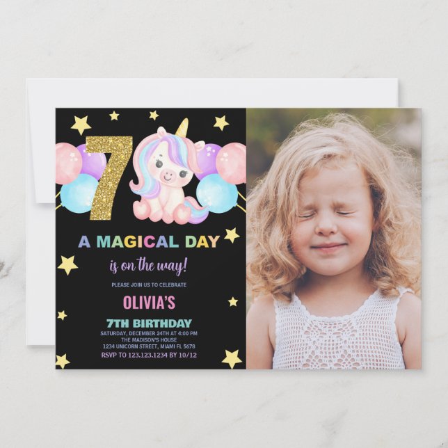 7th Birthday Unicorn Birthday Invitations photo (Front)