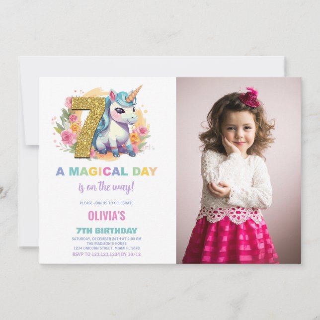7th Birthday Unicorn Birthday Invitations photo (Front)