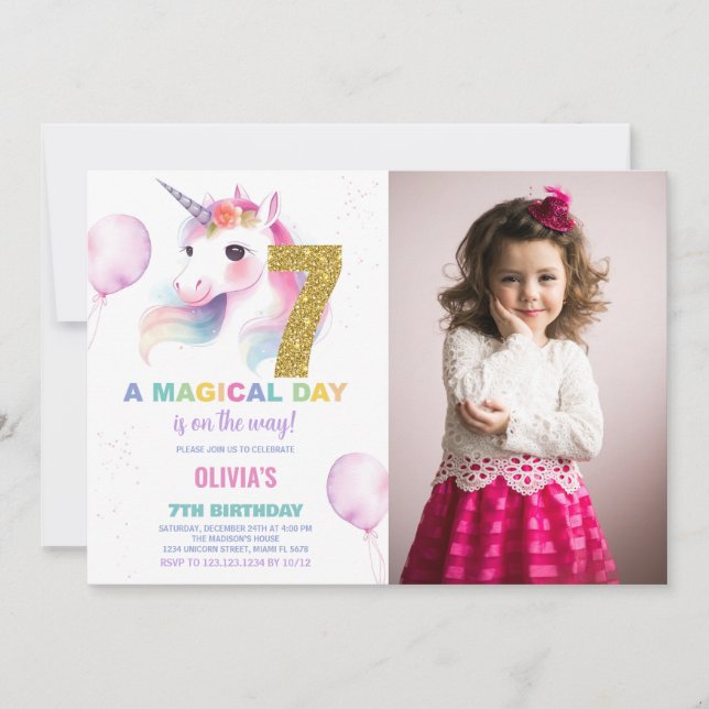 7th Birthday Unicorn Birthday Invitations photo (Front)