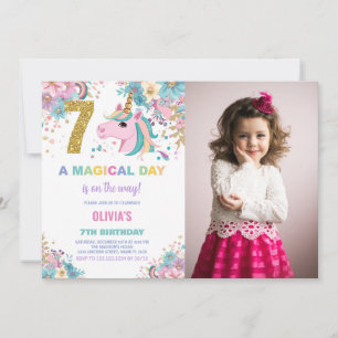 7th Birthday Unicorn Birthday Invitations w photo