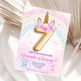 7th birthday unicorn invitation, Editable seventh  Invitation