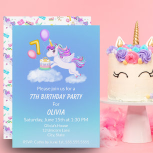 7th Birthday Unicorn With Cake Invitation