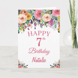 7th Birthday Watercolor Floral Flowers Pink Card