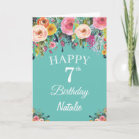 7th Birthday Watercolor Floral Flowers Teal