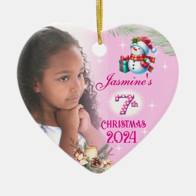 7th Christmas Personalized Girl's Photo Heart Gift Ceramic Tree Decoration (Front)