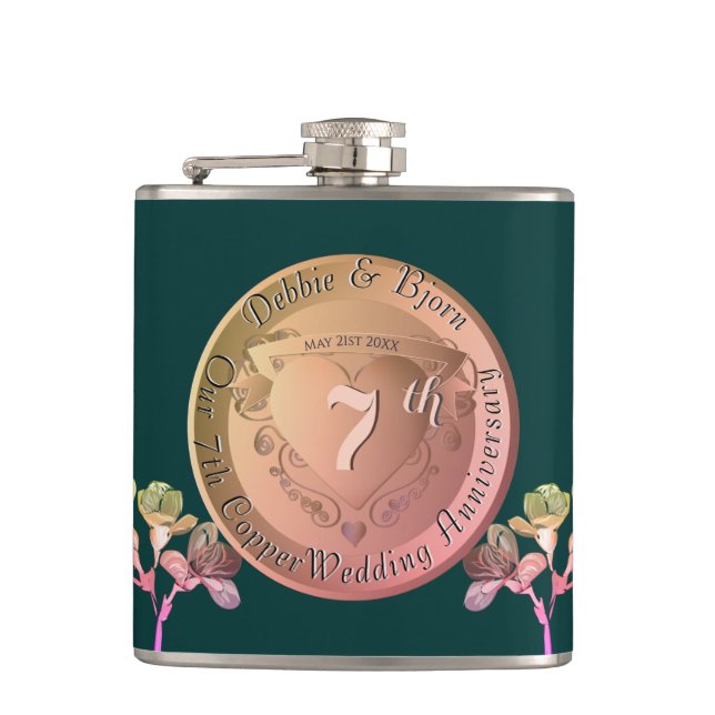 7th Copper Fresia Wedding Anniversary Hip Flask (Front)