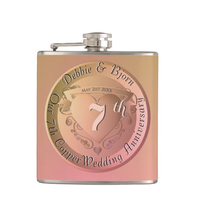 7th Copper Wedding Anniversary Hip Flask (Front)