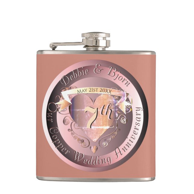 7th Copper Wedding Anniversary Medallion Flask (Front)