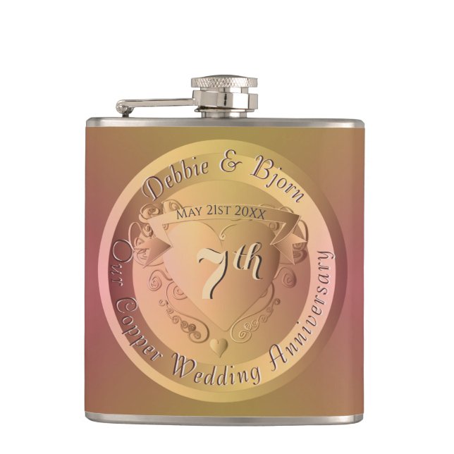 7th Copper Wedding Anniversary Medallion Flask (Front)