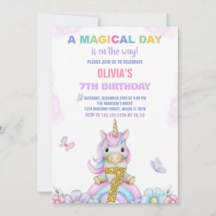 7th Floral Unicorn Birthday Invitations