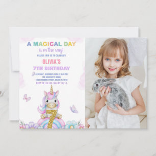 7th Floral Unicorn Birthday Invitations with photo