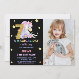 7th Floral Unicorn Birthday Invitations with photo