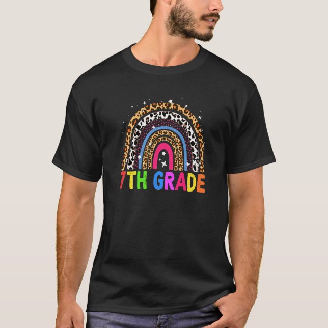 7th Grade  Cute Leopard Rainbow Teacher Student Ki T-Shirt (Front)