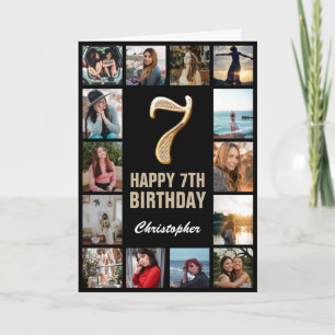 7th Happy Birthday Black and Gold Photo Collage Card