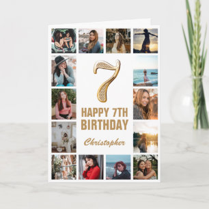7th Happy Birthday Gold and White Photo Collage Card