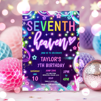 7th Heaven Neon Glow 7th Birthday Party Invitation