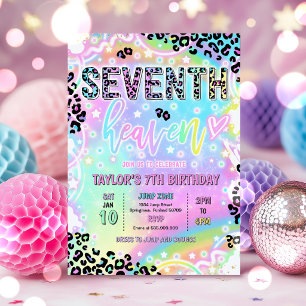 7th Heaven Rainbow Leopard Print 7th Birthday  Invitation