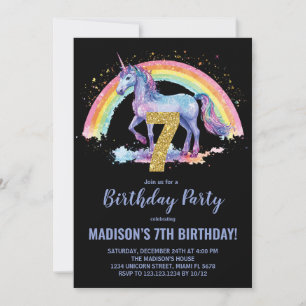 7th Rainbow Unicorn Birthday Invitations