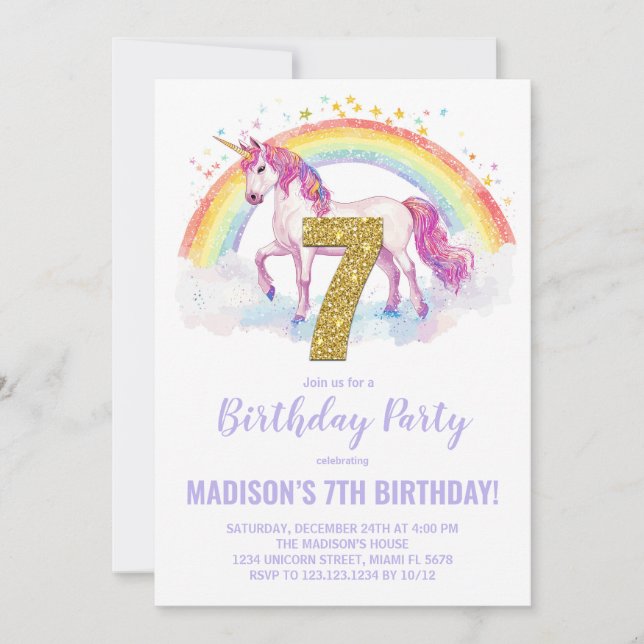 7th Rainbow Unicorn Birthday Invitations (Front)