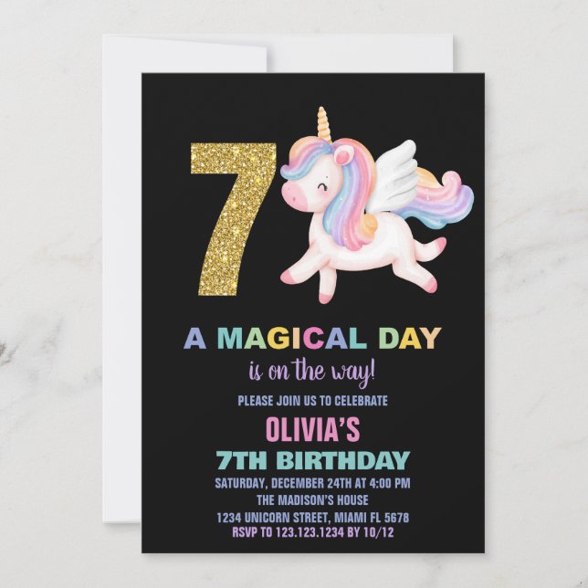 7th Rainbow Unicorn Birthday Invitations Black (Front)