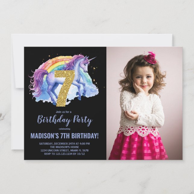 7th Rainbow Unicorn Birthday Invitations photo (Front)