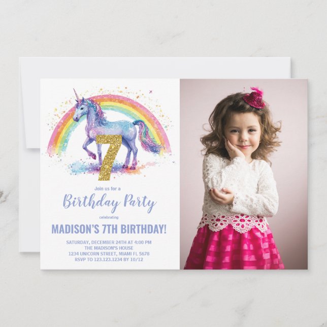 7th Rainbow Unicorn Birthday Invitations photo (Front)