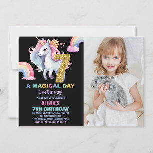 7th Rainbow Unicorn Birthday Invitations w photo