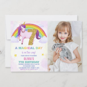 7th Rainbow Unicorn Birthday Invitations w photo