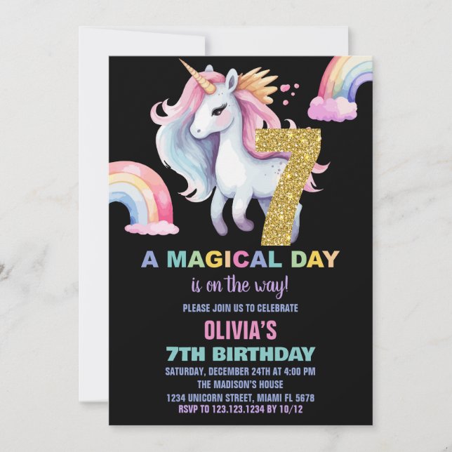 7th Rainbow Unicorn Birthday Invitations watercolo (Front)