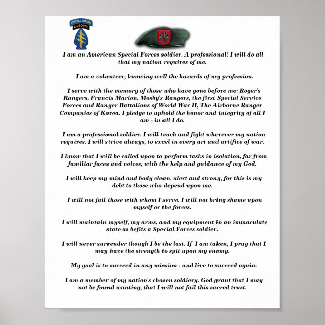 7th Special Forces Green Beret Creed Poster (Front)