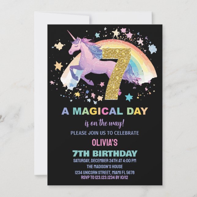 7th Unicorn Birthday Invitations (Front)