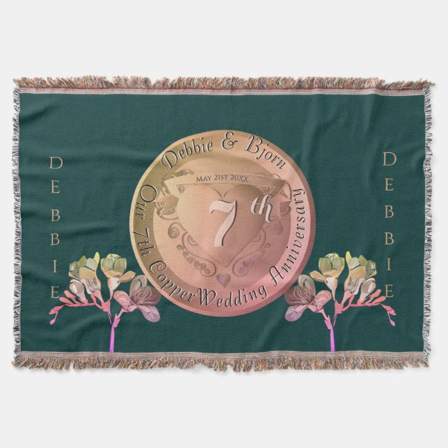 7th Wedding Anniversary Copper Fresia Throw Blanket (Front)