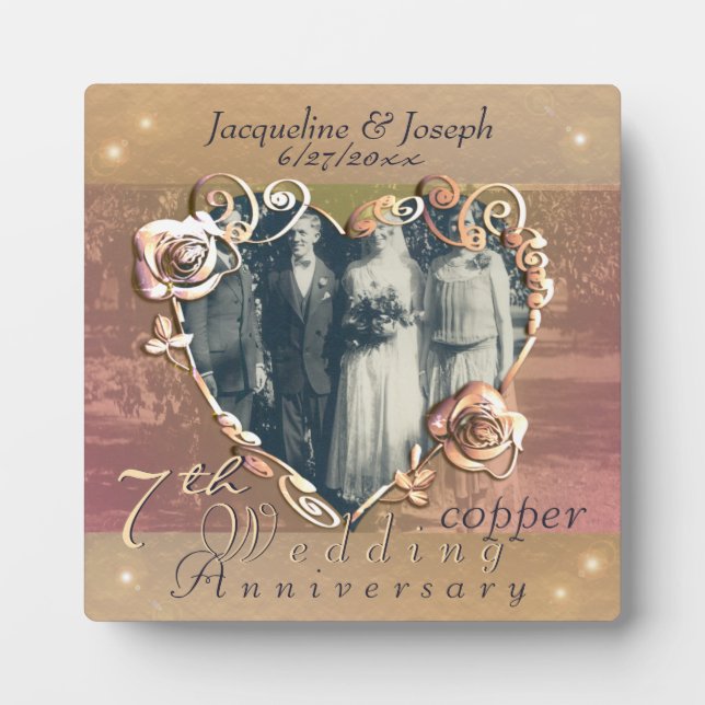 7th Wedding Anniversary Coppery Rose Photo Plaque (Front)