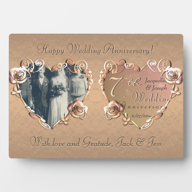 7th Wedding Anniversary Coppery Rose Plaque (Front)