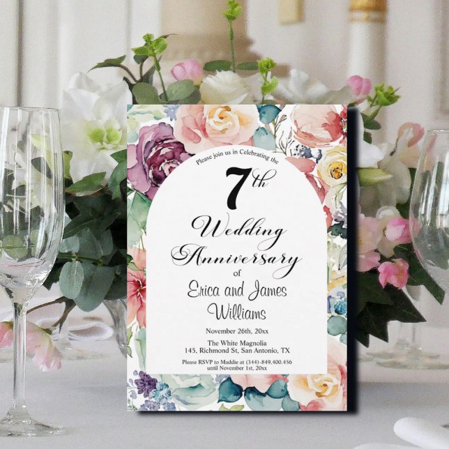 7th Wedding Anniversary Elegant Script Floral Invitation (Creator Uploaded)