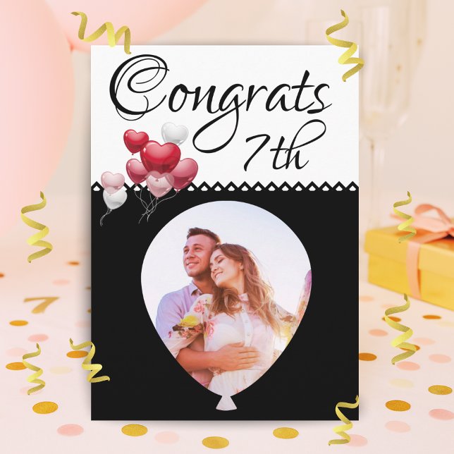 7th Wedding Anniversary Photo Balloon Black White Card (Creator Uploaded)
