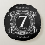 7TH wedding anniversary wool copper Round Cushion<br><div class="desc">Your seventh wedding anniversary has the traditional gift of wool or copper. This crest style design is a romantic design for couples celebrating 7 years of marriage. If you would like any help customising this design please contact me,  their is an ask this designer button,  just below this text.</div>
