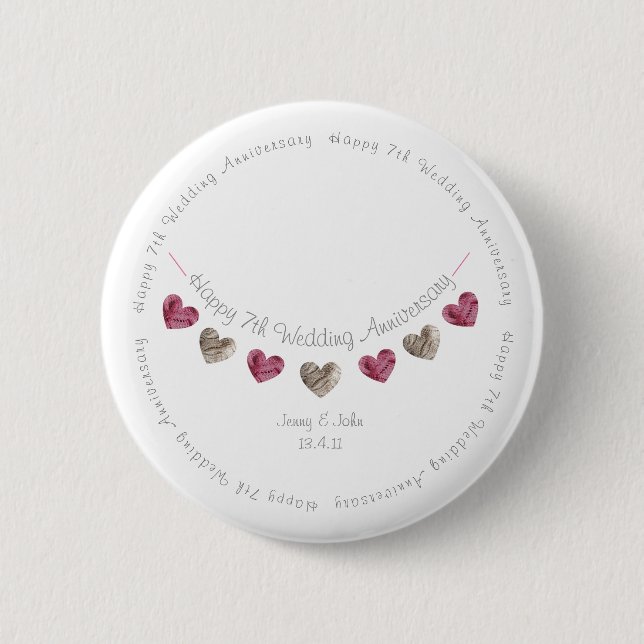 7th wedding anniversary wool heart bunting 6 cm round badge (Front)