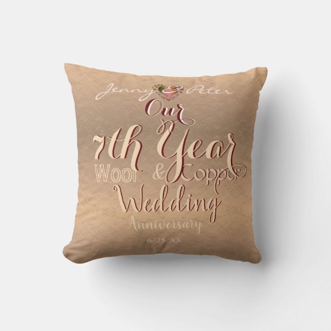 7th Year Wedding Anniversary Coppery Throw Cushion (Front)