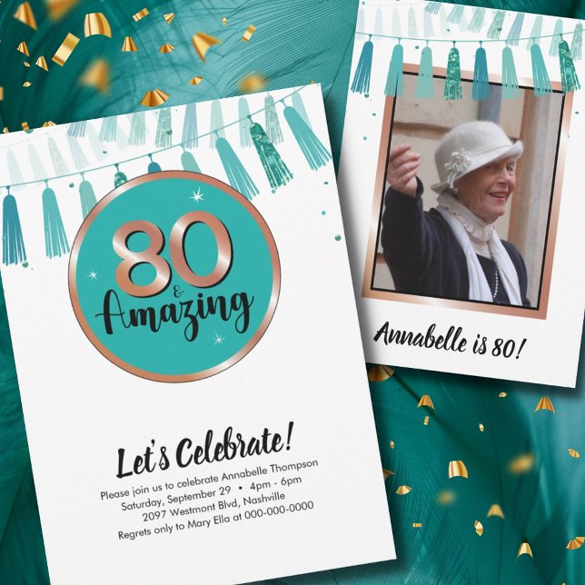 80 & Amazing Teal 80th Birthday Party Invitation (Creator Uploaded)