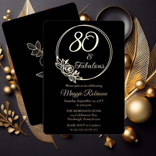 80 and Fabulous 80th Birthday Party Stamped (Simply Elegant Rose Wreath "80 and Fabulous" 80th Birthday Party Black Stamped Gold Foil Invitation )