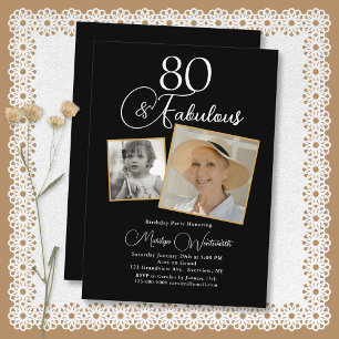 80 and Fabulous 80th Birthday White Script 2 Photo Invitation
